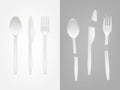 Vector 3d realistic disposable plastic spoon, fork, knife and broken cutlery Royalty Free Stock Photo