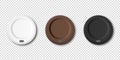 Vector 3d Realistic Disposable White, Brown, Black Plastic Coffee, Tea Cup Lid for Drinks Icon Set Closeup Isolated on