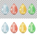 Vector 3d realistic drops on transparent and white background. Droplets of water, blood, oil, green plant juice. Royalty Free Stock Photo