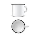 Vector 3d Realistic Enamel Metal Blank White Mug Isolated on White Background. Front and Top View. Design Template for Royalty Free Stock Photo