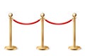 Vector 3d Realistic Fence for the Red Carpet Closeup Isolated on White Background. Red Barrier Rope. Golden pole. Front
