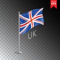 Vector 3d realistic flags of UK on steel poles isolated on transparent background. Royalty Free Stock Photo