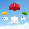 Vector 3d Realistic Flying Parachutes with Paper Envelopes on Blue Sky Background. delivery and Post Concept. Design Royalty Free Stock Photo