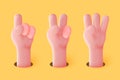 Vector 3d realistic funny cartoon hands, showing gestures - one, two, three fingers