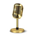 Vector 3d Realistic Gold Retro Concert Vocal Microphone with Stand Icon Closeup Isolated on White Background. Design Royalty Free Stock Photo