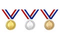 Vector 3d Realistic Gold, Silver and Bronze Award Medal Icon Set with Color Ribbons Closeup Isolated on White Background Royalty Free Stock Photo