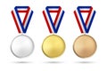 Vector 3d Realistic Gold, Silver and Bronze Award Medal Icon Set with Color Ribbons Closeup Isolated on White Background Royalty Free Stock Photo