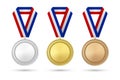 Vector 3d Realistic Gold, Silver and Bronze Award Medal Icon Set with Color Ribbons Closeup Isolated on White Background Royalty Free Stock Photo