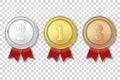 Vector 3d Realistic Gold, Silver and Bronze Award Medal Icon Set with Color Ribbons Closeup Isolated on White Background Royalty Free Stock Photo