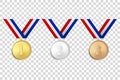 Vector 3d Realistic Gold, Silver and Bronze Award Medals Icon Set with Color Ribbons Closeup Isolated on Transparent Royalty Free Stock Photo