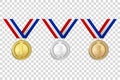 Vector 3d Realistic Gold, Silver and Bronze Award Medals Icon Set with Color Ribbons Closeup Isolated on Transparent Royalty Free Stock Photo