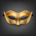 Vector 3d Realistic Golden Carnival Face Maskon Black Background. Mask for Party, Masquerade Closeup. Design Template of Royalty Free Stock Photo