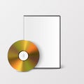 Vector 3d Realistic Golden CD, DVD with Plastic Cover, Envelope, Case Isolated. CD Box, Packaging Design Template for