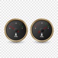 Vector 3d Realistic Golden Circle Gas Fuel Gauge, Oil Level Bar with Black Dial Icon Set Isolated. Full and Empty. Car Royalty Free Stock Photo