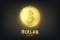 Vector 3d Realistic Golden Dollar Coin. Currency, Money, Wealth, Capital, Banking, E-commerce, Exchange, Finance Concept