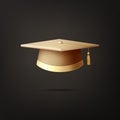 Vector 3d Realistic Golden Graduate College, High School, University Black Cap Icon Closeup Isolated on Black Background Royalty Free Stock Photo