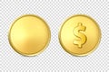 Vector 3d Realistic Golden Metal Coin Icon Set, Blank and with Dollar Sign, Closeup Isolated on Transparent Background