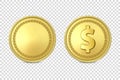 Vector 3d Realistic Golden Metal Coin Icon Set, Blank and with Dollar Sign, Closeup Isolated on Transparent Background Royalty Free Stock Photo