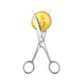 Vector 3d Realistic Golden Metal Dollar with Scissors utting a oin Icon Closeup Isolated on White Background. Sale