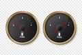 Vector 3d Realistic Golden Metallic Gas Fuel Tank Gauge, Oil Level Bar Set Isolated. Full and Empty. Car Dashboard Royalty Free Stock Photo