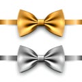 Vector 3D Realistic Golden, Silver Bow Tie Icon Set Closeup Isolated. Silk Glossy Bowtie, Tie Gentleman. Mockup Royalty Free Stock Photo