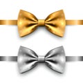 Vector 3D Realistic Golden, Silver Bow Tie Icon Set Closeup Isolated. Silk Glossy Bowtie, Tie Gentleman. Mockup Royalty Free Stock Photo
