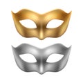 Vector 3d Realistic Golden, Silver Carnival Face Mask Icon Set, Masks for Party, Masquerade Closeup Isolated. Design Royalty Free Stock Photo