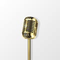 Vector 3d Realistic Golden Steel Retro Concert Vocal Microphone with Shadow Closeup on White Background. Design Template