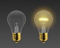 Vector 3d Realistic Golden Turning On and Off Light Bulb Icon Set Closeup Isolated on Dark Transparent Background