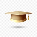 Vector 3d Realistic Graduate College, High School, University Yellow Cap Isolated. Vector Golden Degree Ceremony Hat