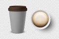 Vector 3d Realistic Gray Disposable Closed and Opened Paper, Plastic Coffee Cup for Drinks with Brown Lid Set Closeup Royalty Free Stock Photo