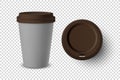 Vector 3d Realistic Gray Disposable Closed and Opened Paper, Plastic Coffee Cup for Drinks with Brown Lid Set Closeup Royalty Free Stock Photo