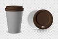 Vector 3d Realistic Gray Disposable Closed and Opened Paper, Plastic Coffee Cup for Drinks with Brown Lid Set Closeup Royalty Free Stock Photo