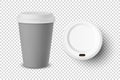 Vector 3d Realistic Gray Disposable Closed Paper, Plastic Coffee Cup for Drinks with White Lid Set Closeup Isolated on Royalty Free Stock Photo