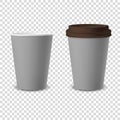 Vector 3d Realistic Gray Disposable Opened and Closed with Brown Lid Paper, Plastic Coffee Cup for Drinks Icon Set Royalty Free Stock Photo