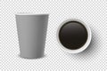 Vector 3d Realistic Gray Disposable Opened Paper, Plastic Coffee Cup for Drinks Icon Set Closeup Isolated on Transparent