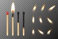 Vector 3d realistic match stick and different flame icon set, closeup isolated on transparency grid background. Whole Royalty Free Stock Photo