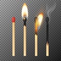 Vector 3d realistic match stick icon set, closeup isolated on transparency grid background. Whole and burnt matchstick