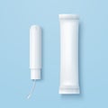 Vector 3d Realistic Menstrual Hygiene Cutton Tampon, Applicator, Plastic Tube, Packaging Set Isolated. Feminine Hygiene