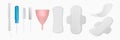 Vector 3d Realistic Menstrual Hygiene Products - Tampon, Tampon with Applicator, Menstrual Cup and Sanitary Pad Icon Set