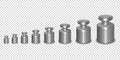 Vector 3d Realistic Metal Calibration Laboratory Weight Different Sizes Icon Set Closeup Isolated on Transparent