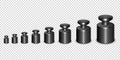 Vector 3d Realistic Metal Calibration Laboratory Weight Different Sizes Icon Set Closeup Isolated on Transparent