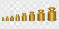 Vector 3d Realistic Metal Golden Calibration Laboratory Weight Different Sizes Icon Set Closeup Isolated on Transparent