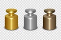 Vector 3d Realistic Metal Golden, Silver, Bronze Calibration Laboratory Weight Icon Set Closeup Isolated on Transparent