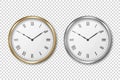 Vector 3d Realistic Metal Golden and Silver Wall Office Clock Icon Set Closeup Isolated on Transparent Background