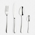 Vector 3d Realistic Metal, Silver, Stainless, Steel Fork, Spoon, Knife Icon Set Isolated on Transparent Background Royalty Free Stock Photo