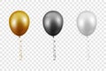 Vector 3d Realistic Metallic Golden, Black, White Balloon with Ribbon Set Closeup Isolated on Transparent Background Royalty Free Stock Photo