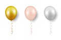 Vector 3d Realistic Metallic Golden, Pink, White Balloon with Ribbon Set Closeup Isolated on White Background. Design