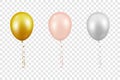 Vector 3d Realistic Metallic Golden, Pink, White Balloon with Ribbon Set Closeup Isolated on Transparent Background Royalty Free Stock Photo