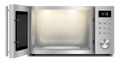 Vector 3d realistic microwave oven with light inside, with open door, front view isolated on background. Household appliance to Royalty Free Stock Photo